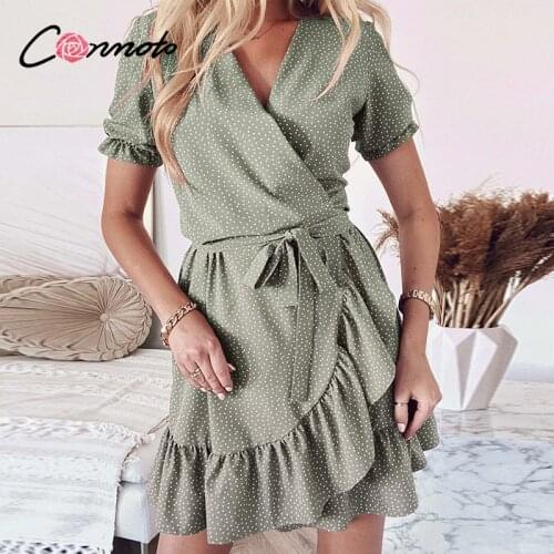 Conmoto Elegant polk dot wrap a-line dress summer Puff sleeve ruffled mini dresses women Casual v-neck asymmetrical dress bow