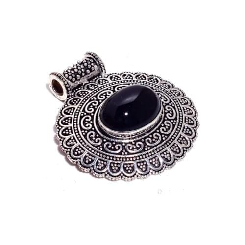 Black Onyx Pendant Silver Overlay over Copper Jewelry , 45 mm, P7539