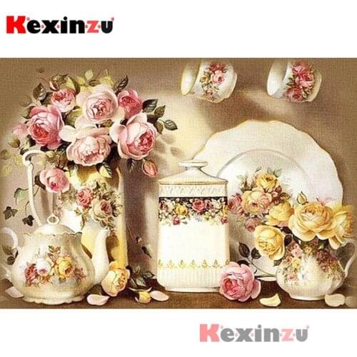 Kexinzu Full Square /Round 5D DIY Diamond Painting Vase of roses Embroidery Cross Stitch Rhinestone Room wall sticker decoration