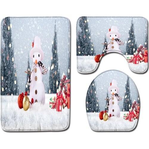 Christmas Toilet Seat Cover 3pcs Set Bathroom Mat Home Non-Slip Absorbent Doormats Carpet Decoration Rug Printing Flannel