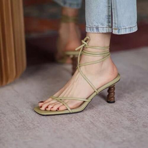 Clip Toe narrow band gladiator sandals women summer wood round high heels shoes woman pumps ankle lace up sandalias mujer 2021