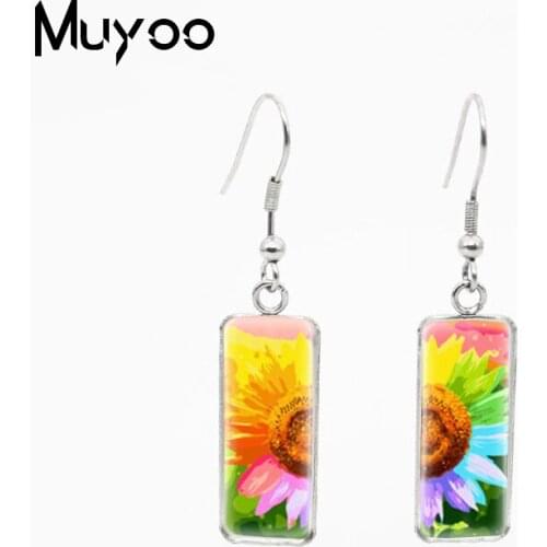 2021 New Vintage Sunflower Yellow Flowers Oil Paintings Handcraft Glass Cabochon Rectangle Fish Hook Earrings