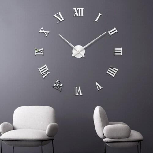 48" Modern DIY Large Wall Clock 3D Mirror Surface Sticker Home Decor Art Giant Wall Clock Watch With Roman Numerals Big Clock
