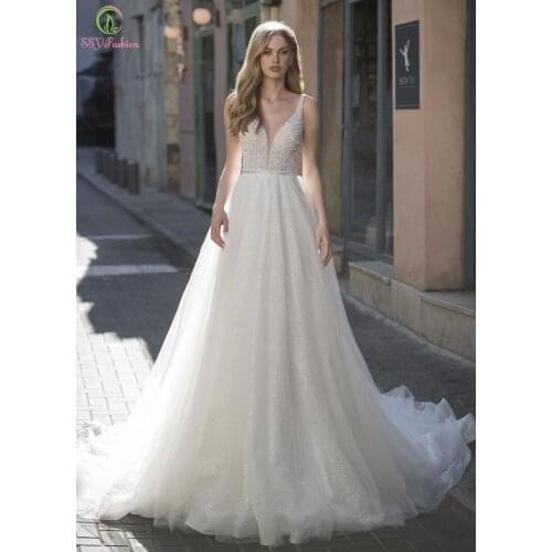 SSYFashion New Luxury Evening Dress Sexy White V-neck Sequins Beading Beach Party Formal Gowns for Women Vestidos De Noite