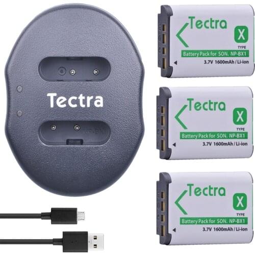 Tectra 3pcs NP-BX1 NPBX1 Battery + USB Dual Charger for Sony DSC-RX100 RX1 HDR-AS15 AS10 HX300 WX300 NPBX1 NP BX1 Camera Battery