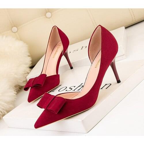 Women pumps Flock Slip On 7CM Thin Heels High heels Pointed Toe Butterfly-knot Shallow zapatos de mujer heels women size 35-42