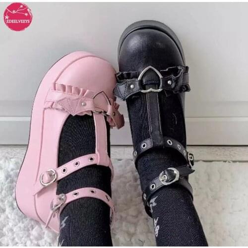 Brand Sweet Black Halloween Vampire Gothic Lolita Shoes Girl Pink Punk Bat Wings Ruffles Mary Janes Flats Platform Pumps Cosplay