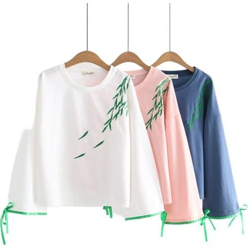 2021 Summer Mori Girl Style Willow Leaf Embroidered Long Sleeve Women Sweatshirt Harakuju Female Student Sweet Cotton Tops