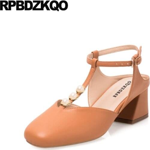 Size 33 block fashion brand women shoes 2018 ankle strap square toe orange summer medium heels satin pearl slingback sandals t