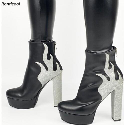 Ronticool Handmade Women Winter Ankle Boots Flame Block Heels Round Toe Gorgeous Silver Party Night Club Women Plus US Size 5-20