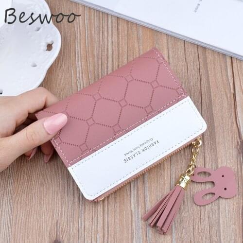 Womens Purses Patchwork Small Zipper Checked Embossed Tassel Wallets Cute Card Holder Pink Mini Money Clip Wallet for Women