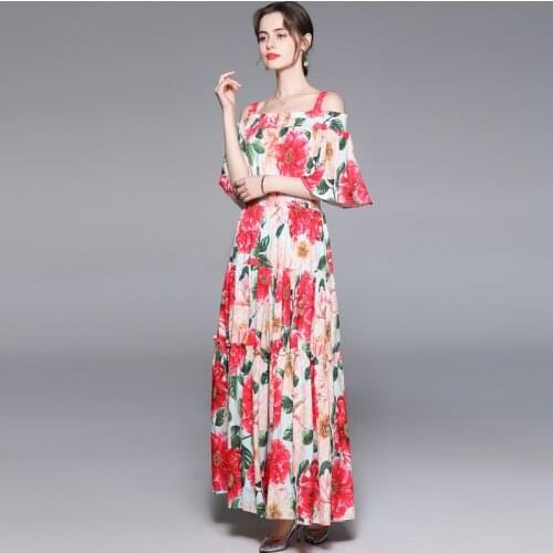 Summer Women Rose Flower Print Ruffles Bohemain Elegant Beach Maxi Dress Off Shoulder Flare Sleeve Spaghetti Strap Dress k8672