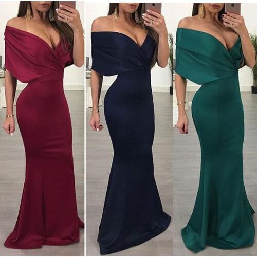 Fashion Trend Womens Temperament Sexy One-shoulder Deep V Solid Color Mermaid Dress Skirt