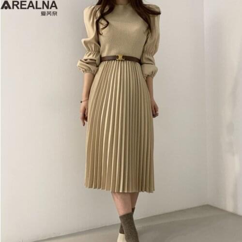 Winter o-neck Sweater Dress Women belt Knitted Long Dress Female Knitwear Soft Vestidos puff sleeve A-line Pleated woman dress