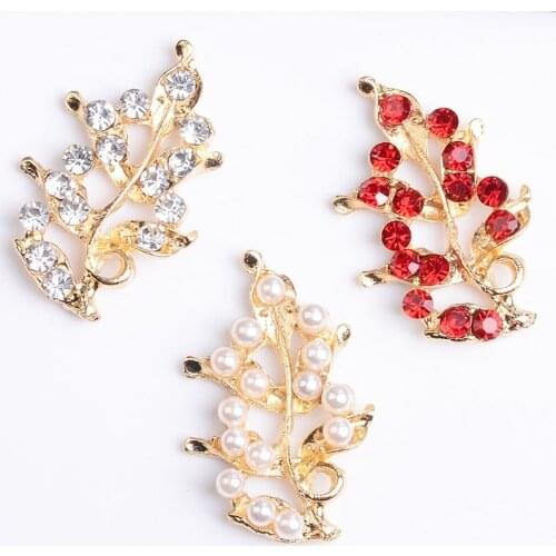 10pcs 35x22mm Metal Alloy KC Gold Crystal Rhinestone Imitation Pearl Branch Leaf DIY Hair Accessories For Jewelry Making