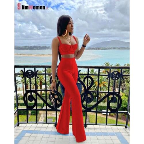 2021 Summer Women Fashion Sexy Bandage 2 Two-piece Set Sleeveless Tight Short Corset Top & High Waist Flared Trousers Pants Set