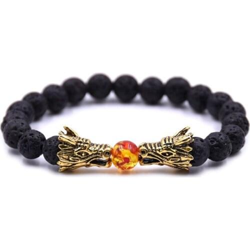 DOKOL Black Lava Natural Stone Gold Color Dragon Strand Bracelet Beads Bracelets for Men DKB0114