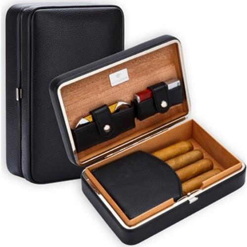 Cohiba Black Leather Cedar Wood Lined Travel Cigar Case Humidor With Cutter Lighter Humidifier Set For Cigar Smoking Tool