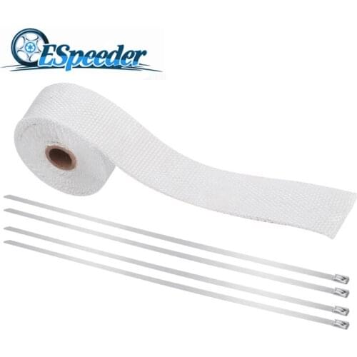 ESPEEDER 16 Feet*2Inch Motorcycle Exhaust Thermal Exhaust Tape Heat Shield Resistant White Thermal Wrap Roll With Stainless Ties