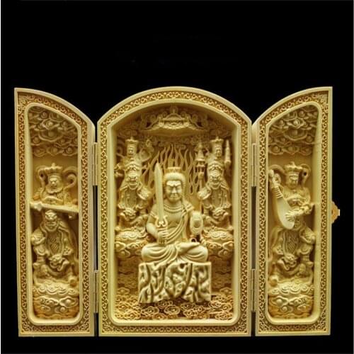 Chinese Buddha statue sculpture pure wood carving 3 open folding Buddha statue home decoration accessories Wood Buddha Craft