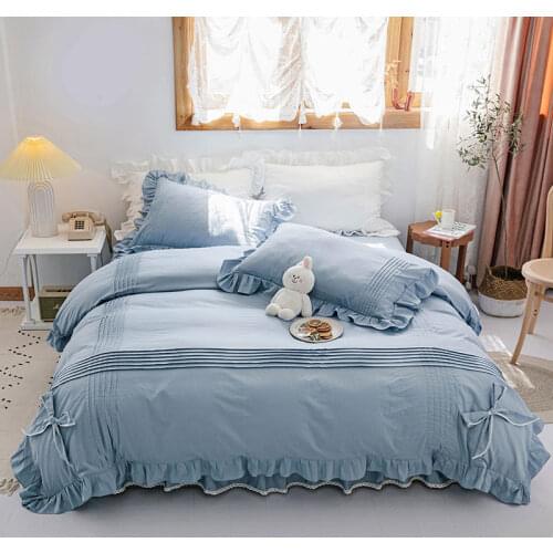 4Pcs All cotton Solid color Princess style bedding sets queen king size duvet cover set bed skirt set pillowcase bedclothes