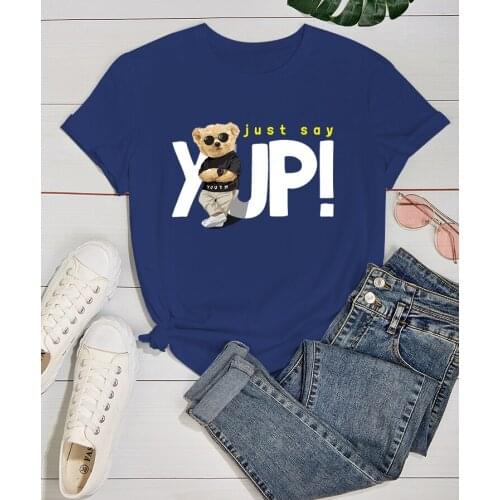 Summer Womens Top Bear Letter Printed Short Sleeve Wrinkle Resistant T-shirt Womens Casual Shirt Fashion Round Collar T-shirt