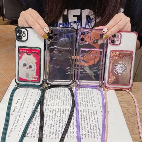 Fashion Plating Card Slots Clear Phone Case for iPhone 12 Mini 11 Pro Max Hanging Rope Lanyard Strap Crossbody Shockproof Cover