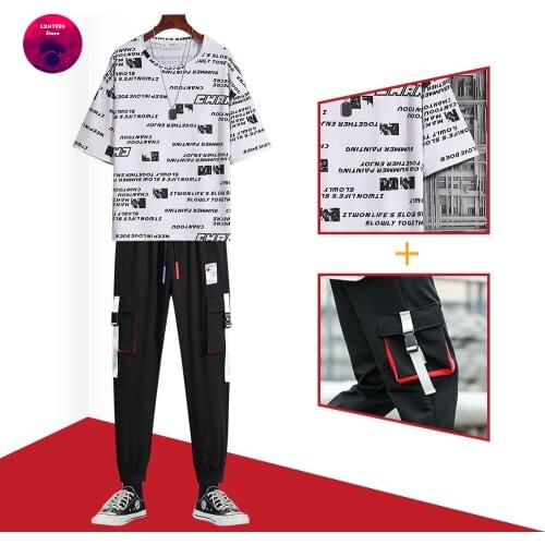 2021 New Mens Sets Korean Fashion Tracksuit Sets Men Spring Summer Casual Men Clothing Joggers Set T Shirts+Trousers Two Piece