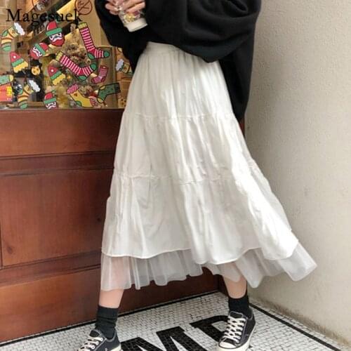 New Summer High Waist Long Skirt Women Casual Solid White Black Maxi Skirt A-line Midi Pleated Skirts For Teen Girls Falda 12819