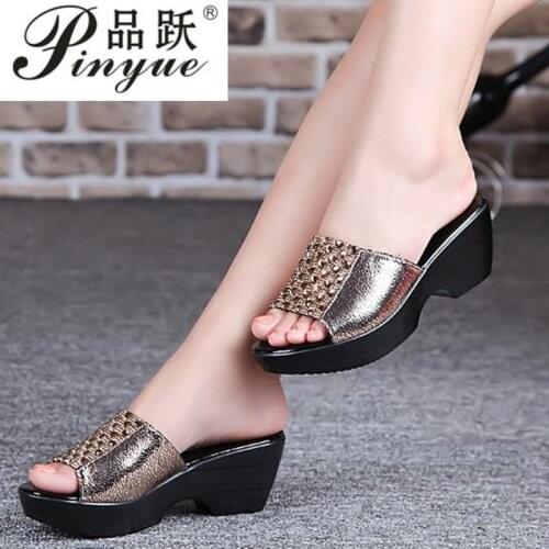 New women sandals women slippers genuine leather thick high-heeled color block decoration open toe women sandals