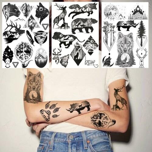 Transferable Black Animal Temporary Tattoos For Adult Fake Waterproof Galaxy Wolf Lion Tattoo Paste Realistic Body Art For Women