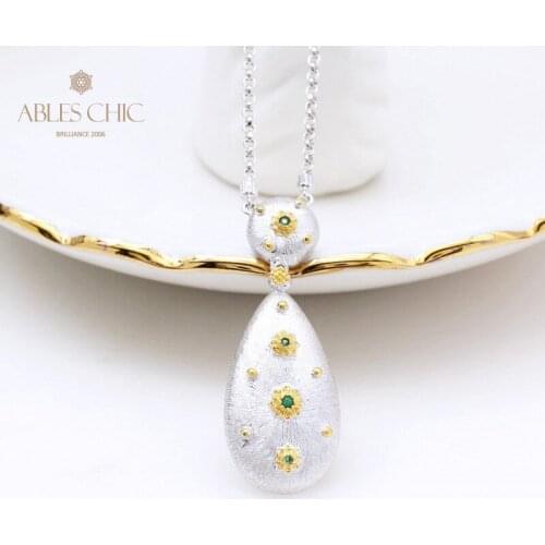 Renaissance Silky Teardrop 925 Solid Silver Flowers Pendant Handmade 18K Gold Tone Fabric CZ Charm Wedding Necklace C11N3S25024