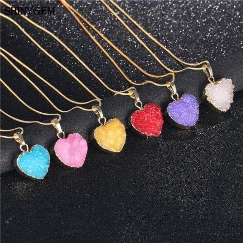ShinyGem 20*20mm Charm Natural Crystal Druzy Pendant Necklaces Gold Plating Long Chain Love Heart Gem Necklaces For Women Gift