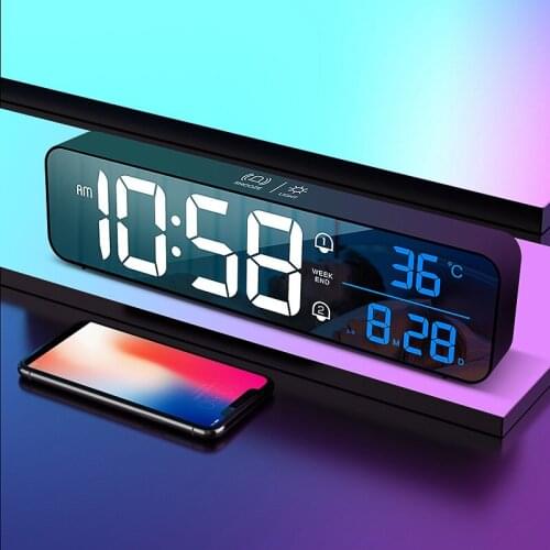 LED Digital Music Alarm Clock Temperature Date Display Desktop Mirror Clocks Home Table 2400 MAh Decoration Electronic Clock