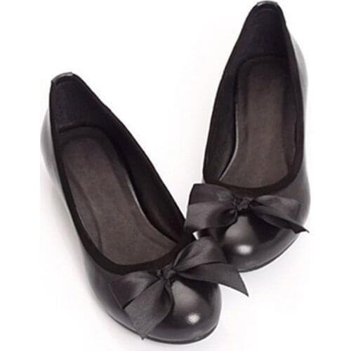 Ladies Big Size Bowtie Customized Pure Manual Wedge Sole Slip-Ons Comfortable Full Genuine Leather Flattie Thin Shoes 34-46 Red