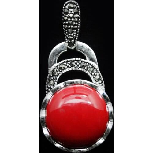 VINTAGE 925 STERLING SILVER RED CORAL MARCASITE NECKLACE PENDANT 40X20MM