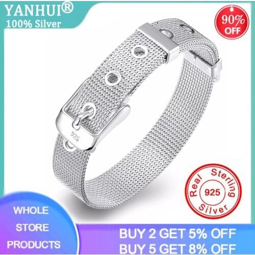 YANHUI With Certificate 100% Original 925 Silver Fine Jewelry Bracelet Fashion 10mm Watch Chain Belt Bracelet For Women Men Gift