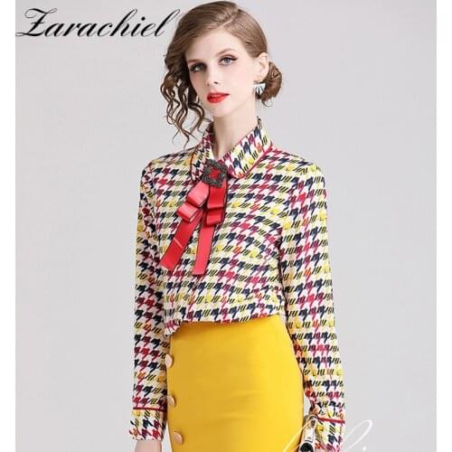 Runway Designer Multicolor Houndstooth Blouse Shirt Women Long Sleeve Beading Bow Shirts Top Office OL Elegant Blusas Mujer