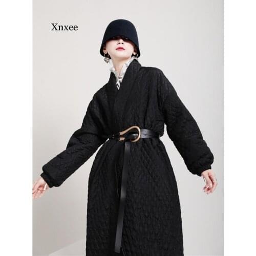 Russia Winter Women Cotton Padded Jacket Plus Size Loose Parka Back Split Buttons Long Black Coat with Pockets Clothing