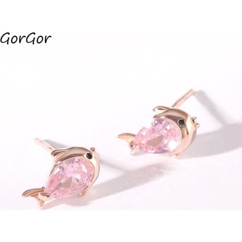 GorGor Stud Earrings Women 925 Sterling Pattern Pink Zircon Fish Rose Gold Plate Smart Exquisite Anniversary Jewelry 60200611015