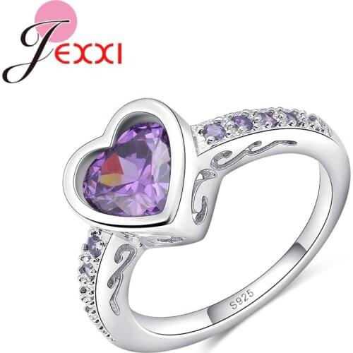 Heart 925 Sterling Silver Engagement Rings Purple CZ Zirconia Crystal Lover Jewelry Femme Wedding Anniversary Big Bague