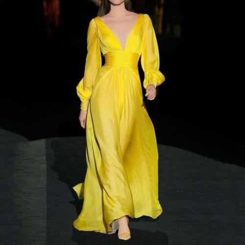Elegant Dress Women 2020 Spring Autumn Long Sleeve Deep V-Neck Dress Yellow Red Party Dresses Runway Long Maxi Vestidos De Festa