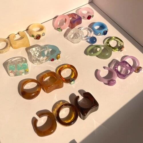 2021 New Colourful Transparent Resin Acrylic Rhinestone Geometric Square Round Rings Set for Women Vintage Female Travel Gifts