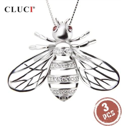 CLUCI 3pcs Silver 925 Honey Bee Shaped Pearl Pendant Locket 925 Sterling Silver Zircon Cage Pendant Jewelry SC177SB