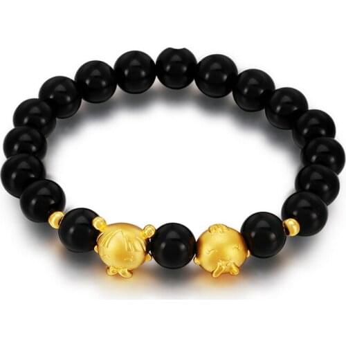 3D 999 24k Yellow Gold Boy and Girl Black Beads Bracelet 3.3g