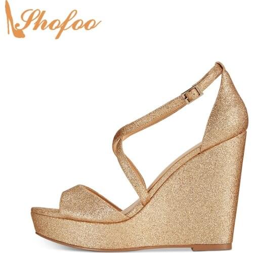 Gold High Wedges Heels Platform Sandals Ankle Strap Buckle Woman Large Size 14 16 Ladies Fashion Sequined Casual Shoes Shofoo