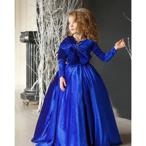 2020 New Flower Girls Dresses Ball Gown Velvet Tulle Big Bows For Wedding Girls Party Dress Long Dress AG0419
