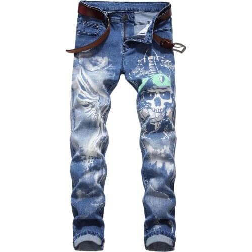 Fashion Hipster Streetwear Slim Fit Jeans Mens 3D Personality Pattern Color Printed Denim Trousers Stretch Joggers Cowboys Pants