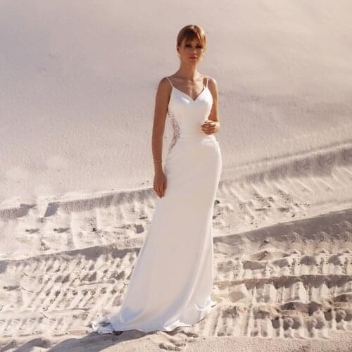 Spaghetti Straps Elastic Satin Cutout Slim Mermaid Wedding Dress Illusion Side with Lace Applique Bridal Dress
