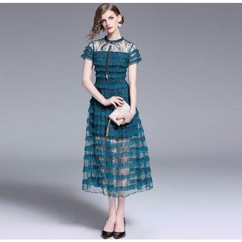 Elegant See Through Short Sleeve Mesh Dress Flower Embroidery Stitching Lace Trims High Waist Sweet Bow Party Long Dress
